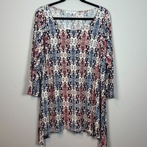 Rose & Olive Womens Red Aztec Stretch Tunic Top 1X‎ 3/4 Sleeve Sharkbite hem